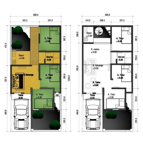 Dua model denah rumah 6x8 1 lantai 3 kamar tidur
