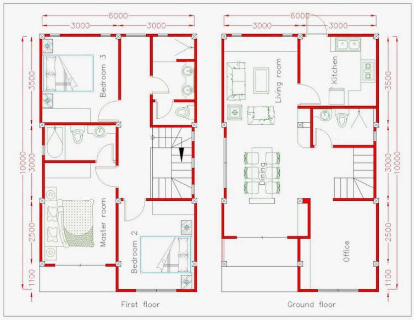 Denah Rumah 2 Lantai 6x10 dengan 3 Kamar Tidur