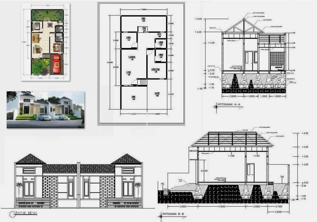 Desain dan Denah Rumah 1 Lantai Lengkap dengan Tampak dan Potongan