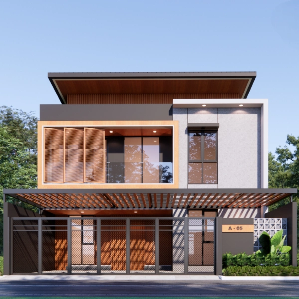 Rumah Tingkat dengan Dinding Kaca Besar