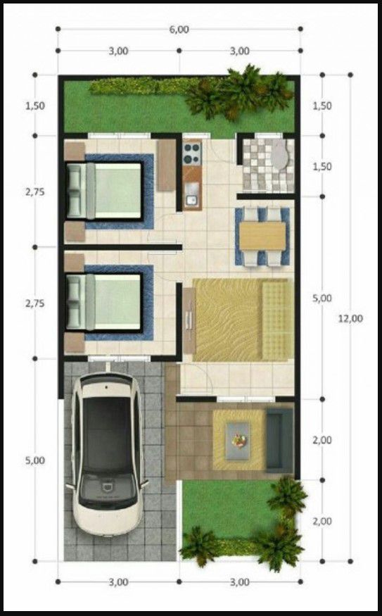 Denah rumah 6x12 memanjang 2 kamar tidur dengan garasi