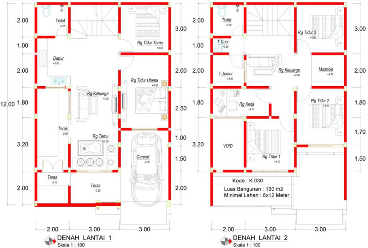 Denah rumah ukuran 8x12 kamar 3 2 lantai