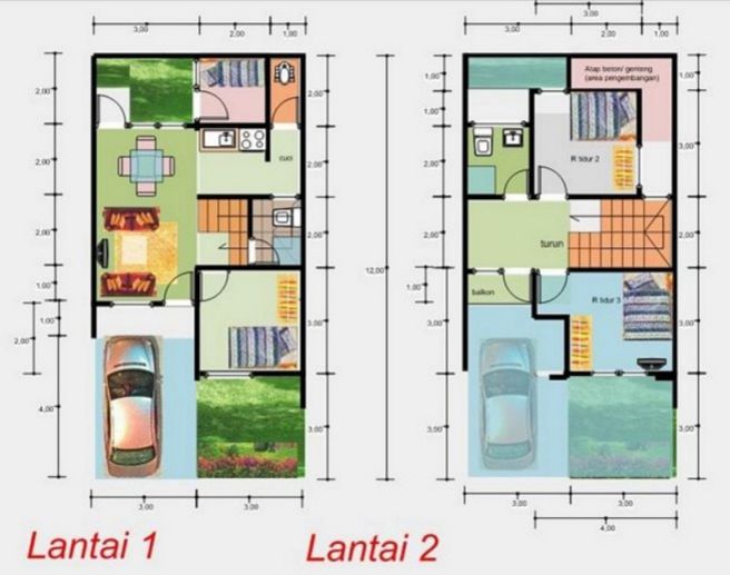 denah rumah 6x12 2 lantai 4 kamar