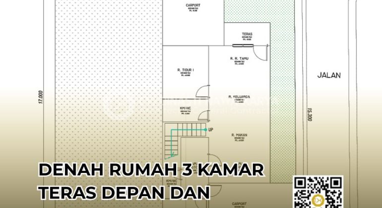 denah rumah 3 kamar teras depan dan samping