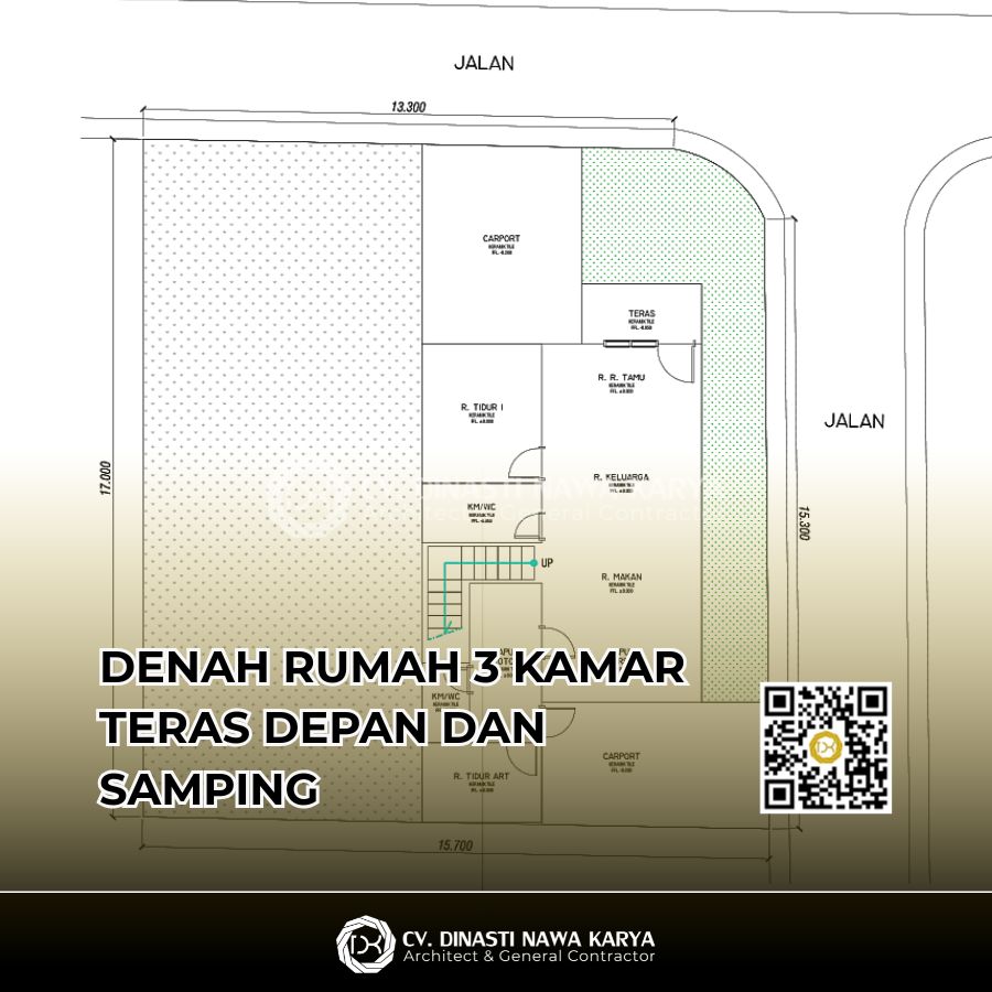 denah rumah 3 kamar teras depan dan samping