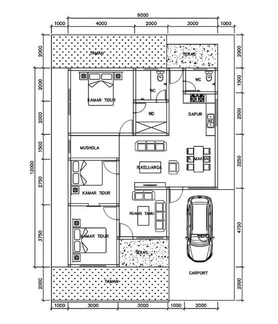 Denah Rumah 9x12 3 Kamar dengan Musholla