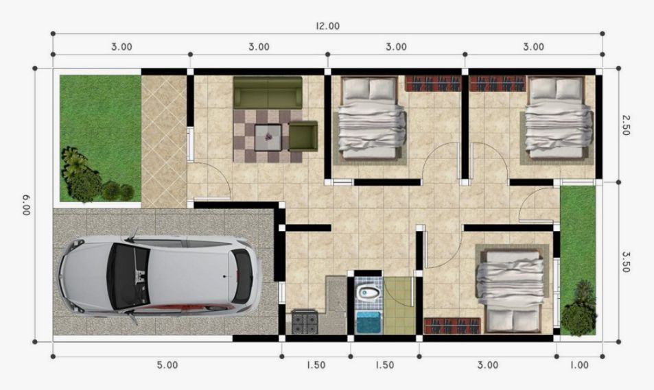 Denah Rumah Type 45 dengan 3 Kamar Tidur