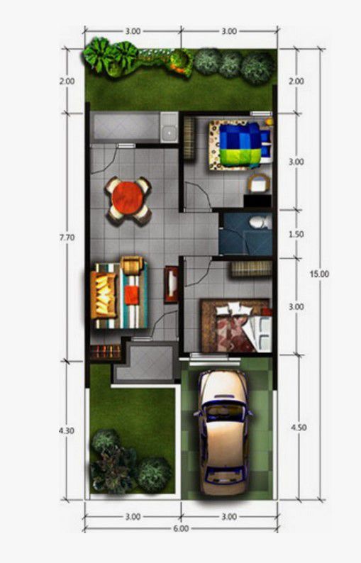 Denah Type 45 dengan 2 Taman (Depan & Belakang)