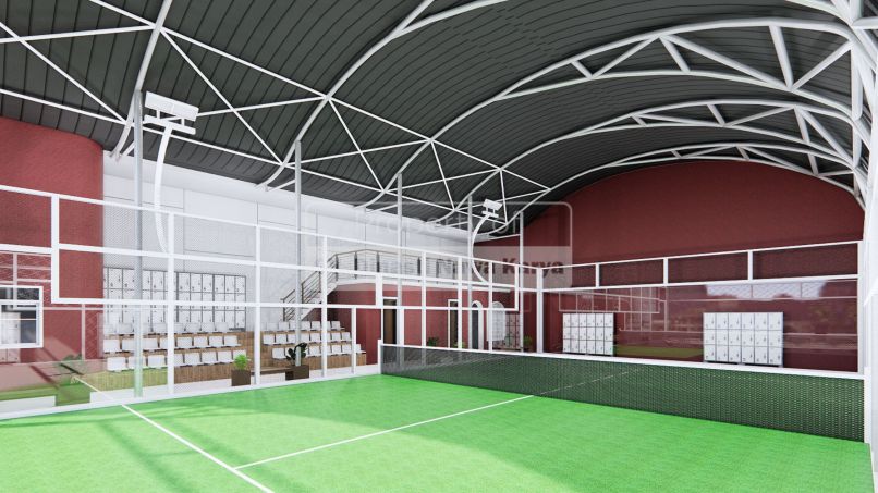 Desain lapangan padel dengan rumput sintetis