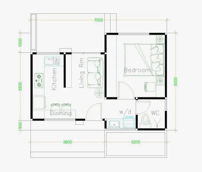 denah rumah 5x7 meter 1 kamar tidur