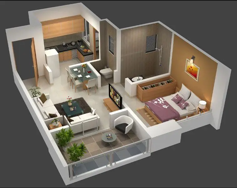 desain denah rumah 1 kamar 3d dengan teras