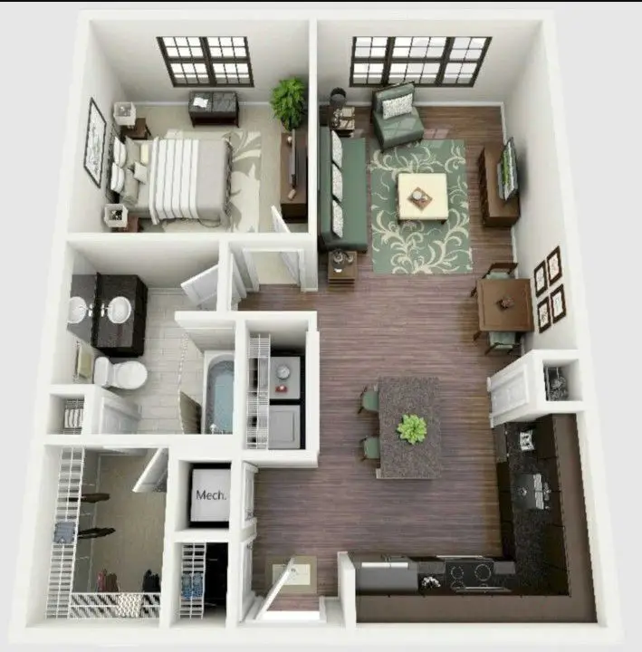 desain denah rumah 1 kamar 3d ukuran 5x8 meter