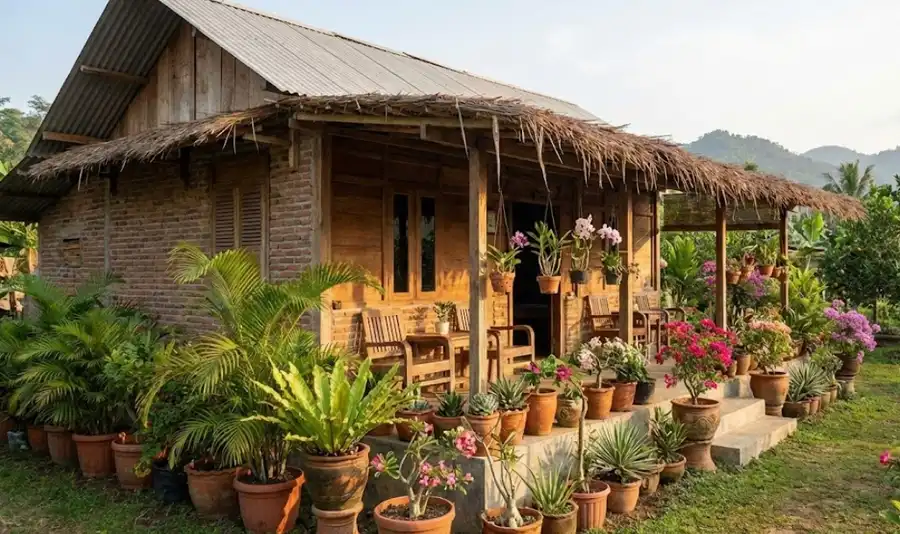Rumah Sederhana 6×9 dengan Teras Panjang dan Tanaman Pot