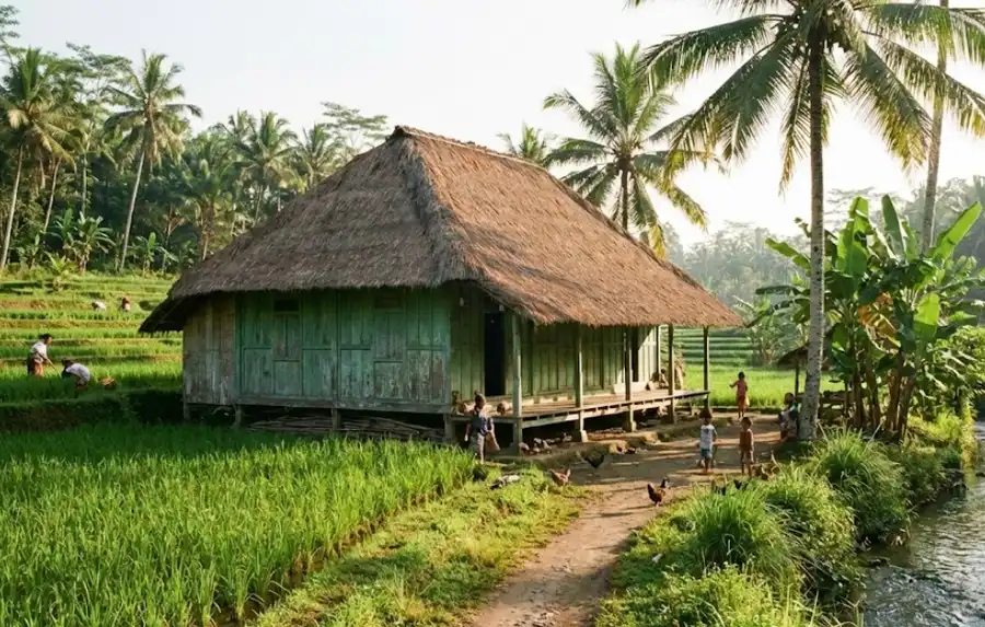 Rumah Tropis 6×9 Berwarna Hijau di Pedesaan