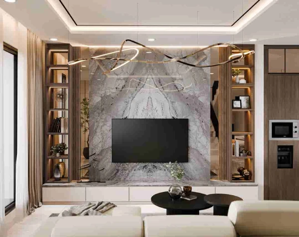 Sofa tanpa lengan dan meja kayu yang menjadi ciri khas desain interior modern