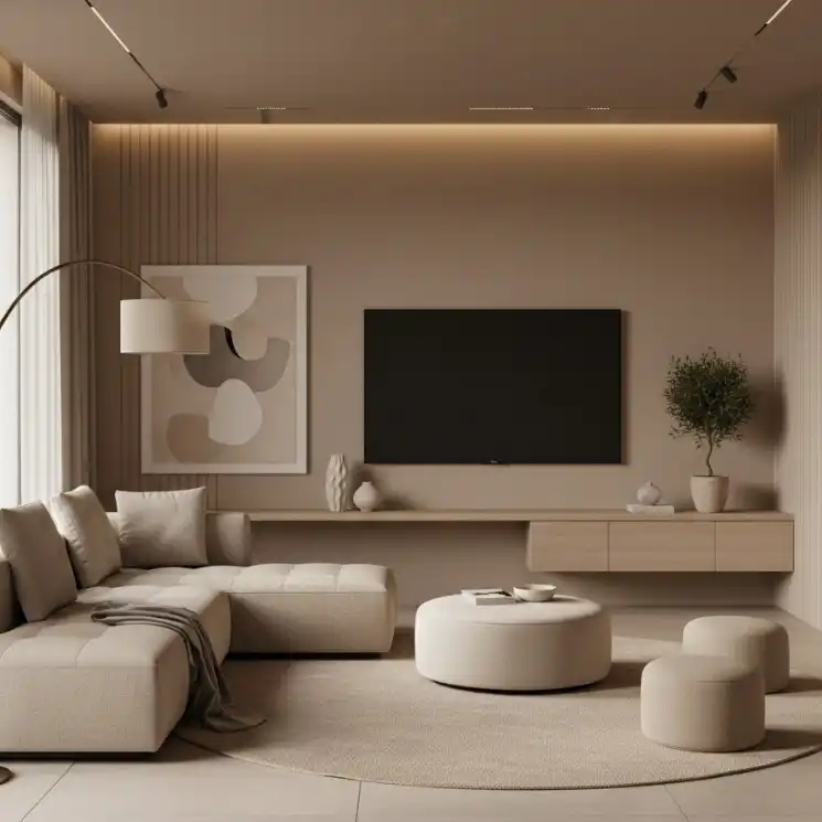 interior cat ruang tamu rumah minimalis Beige