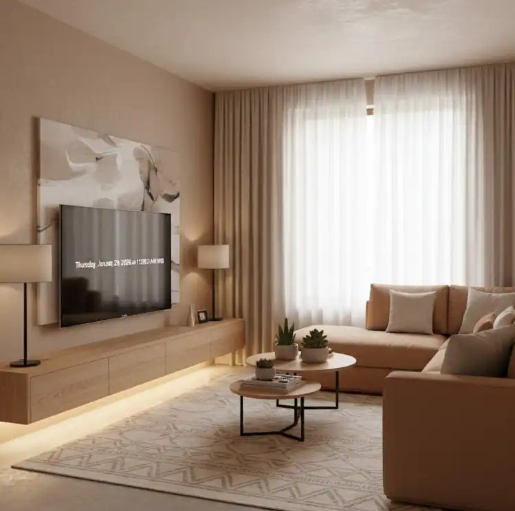 interior ruang tv minimalis Cokelat Muda