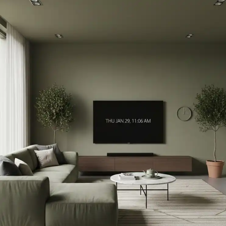 interior warna cat ruang tamu hijau zaitun