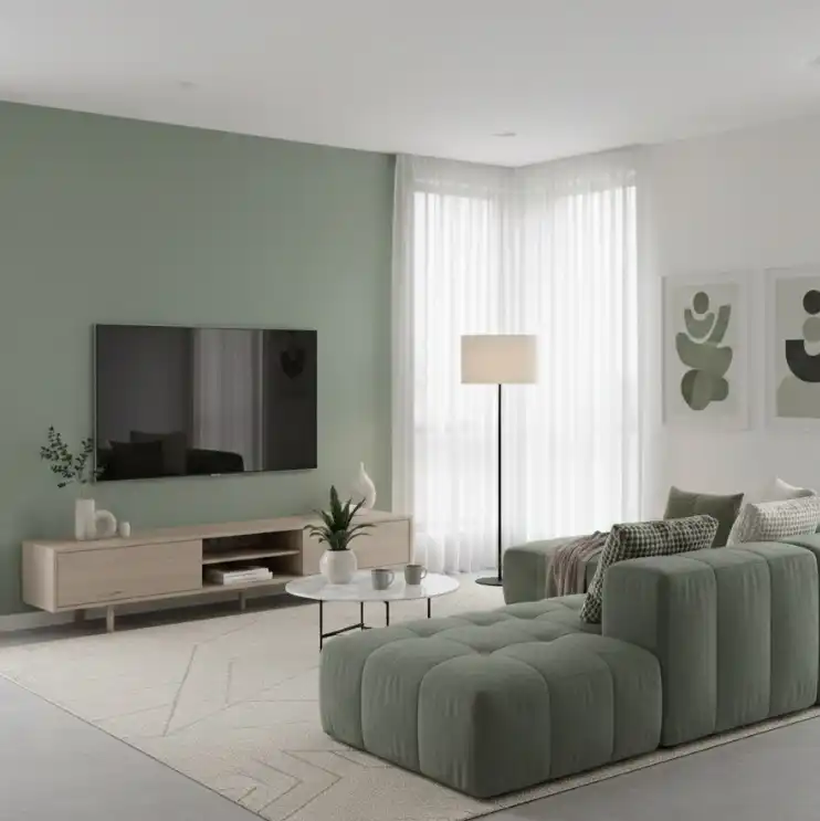 interior warna cat ruang tv minimalis hijau sage