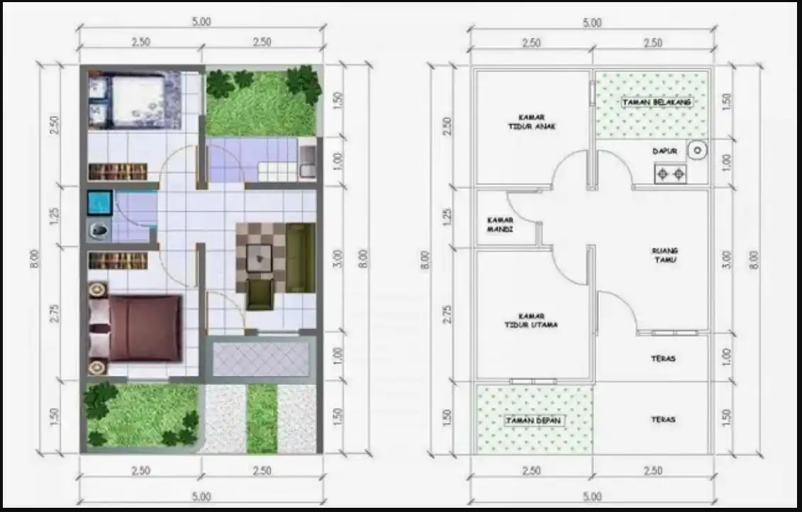 Desain Rumah 5x10 Minimalis Taman Depan Belakang